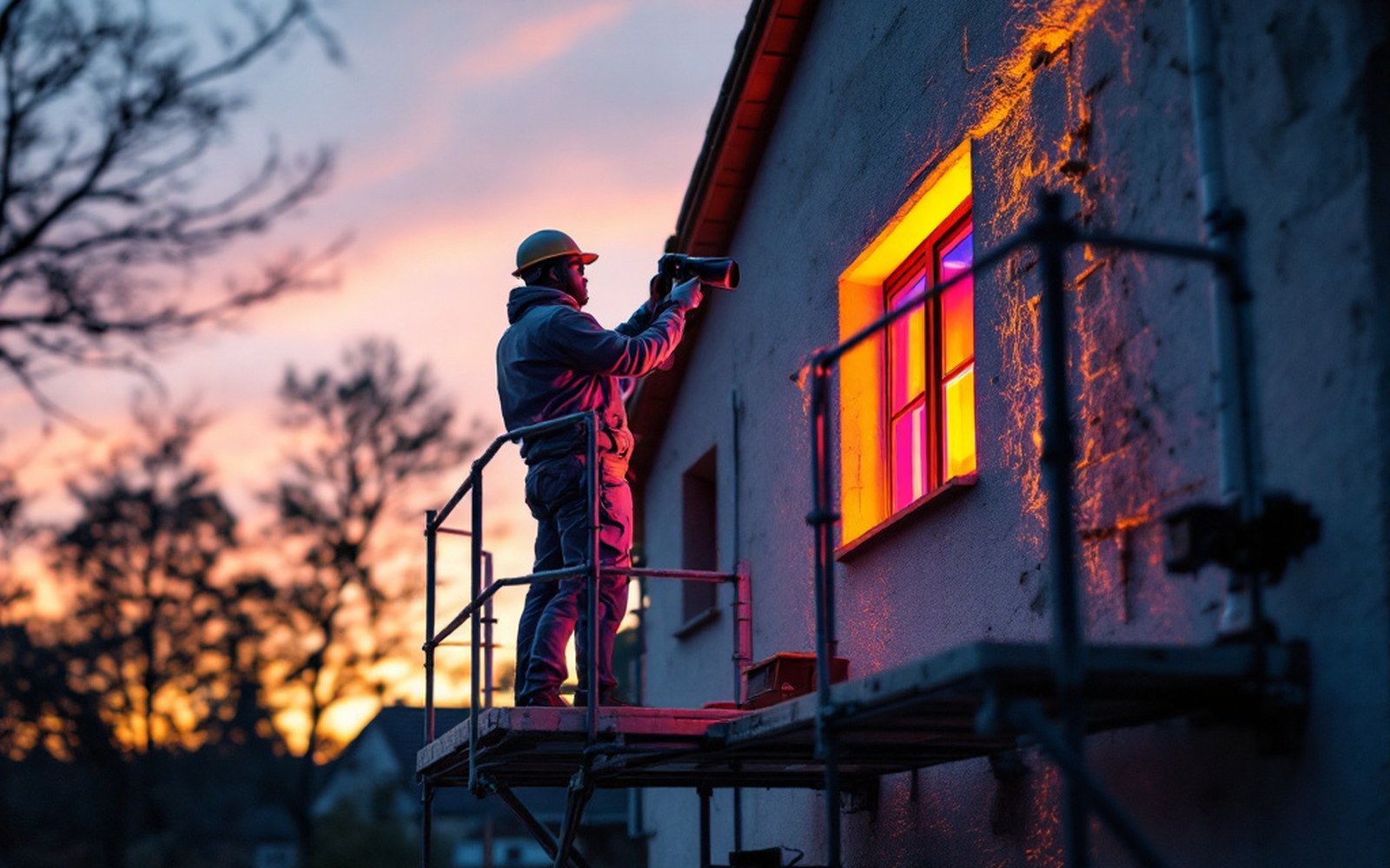 A thermographer on a scaffold outside a house at dusk, camera raised