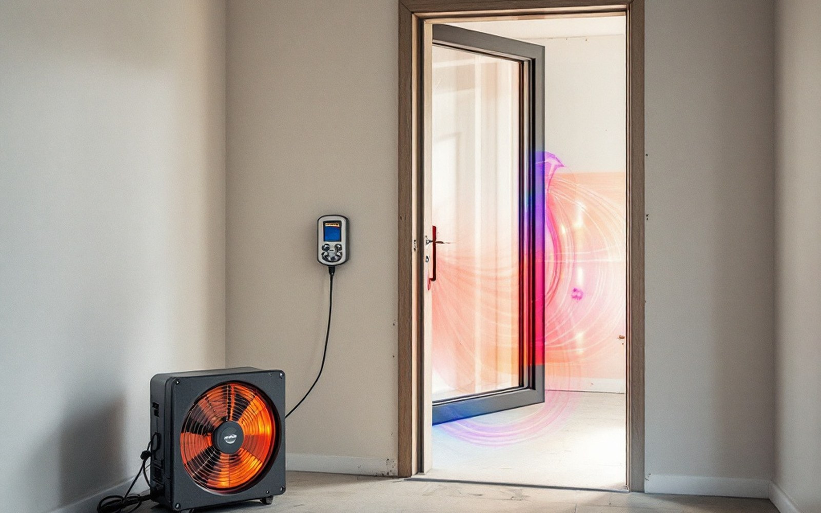 A blower-door fan running in a doorway with the manometer beside it