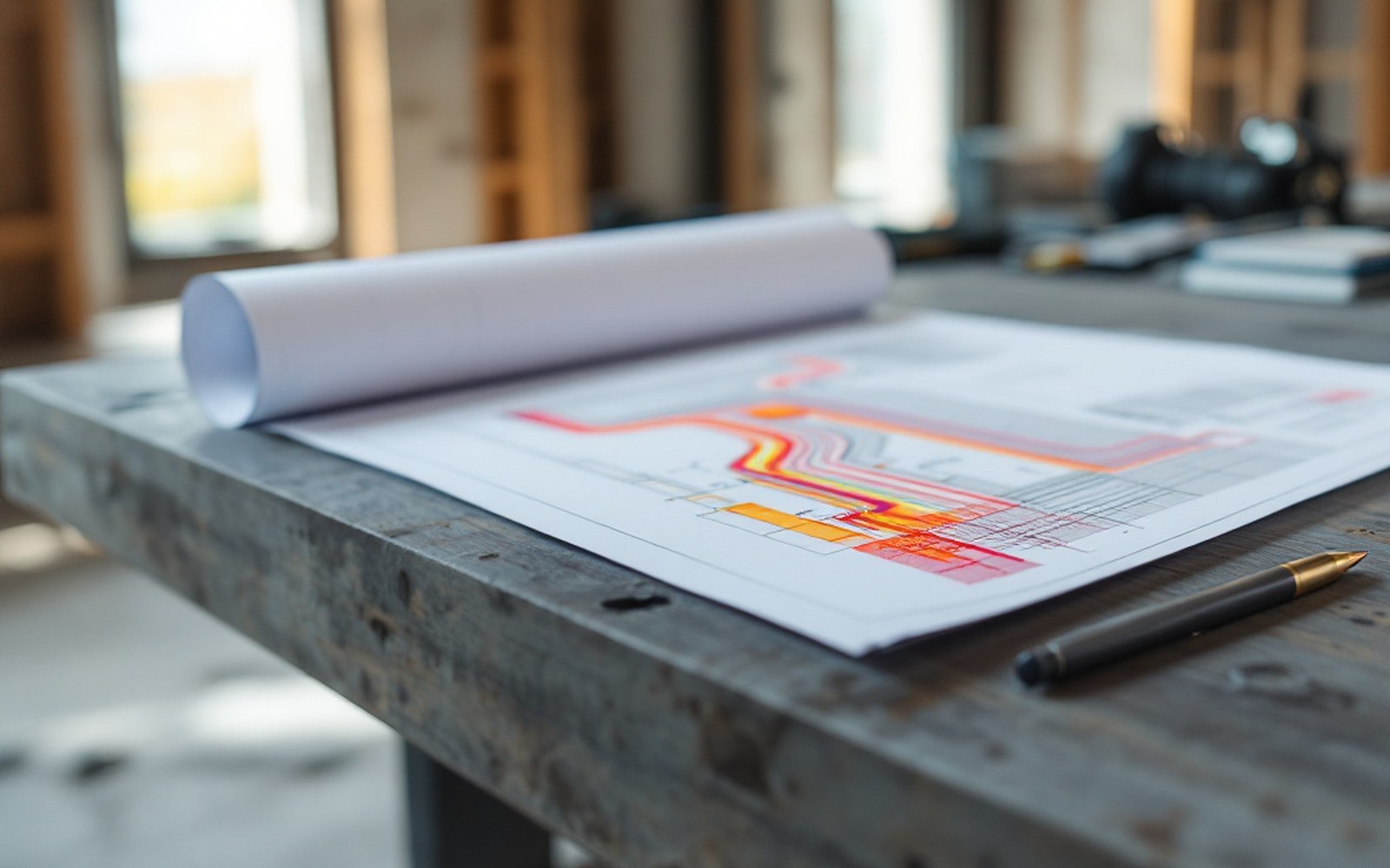 A construction junction detail drawing on a site table
