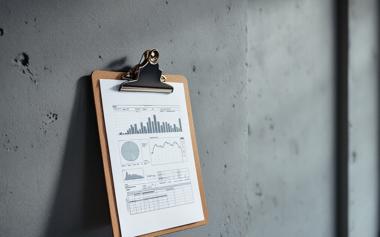 A clipboard of survey figures against a rendered wall