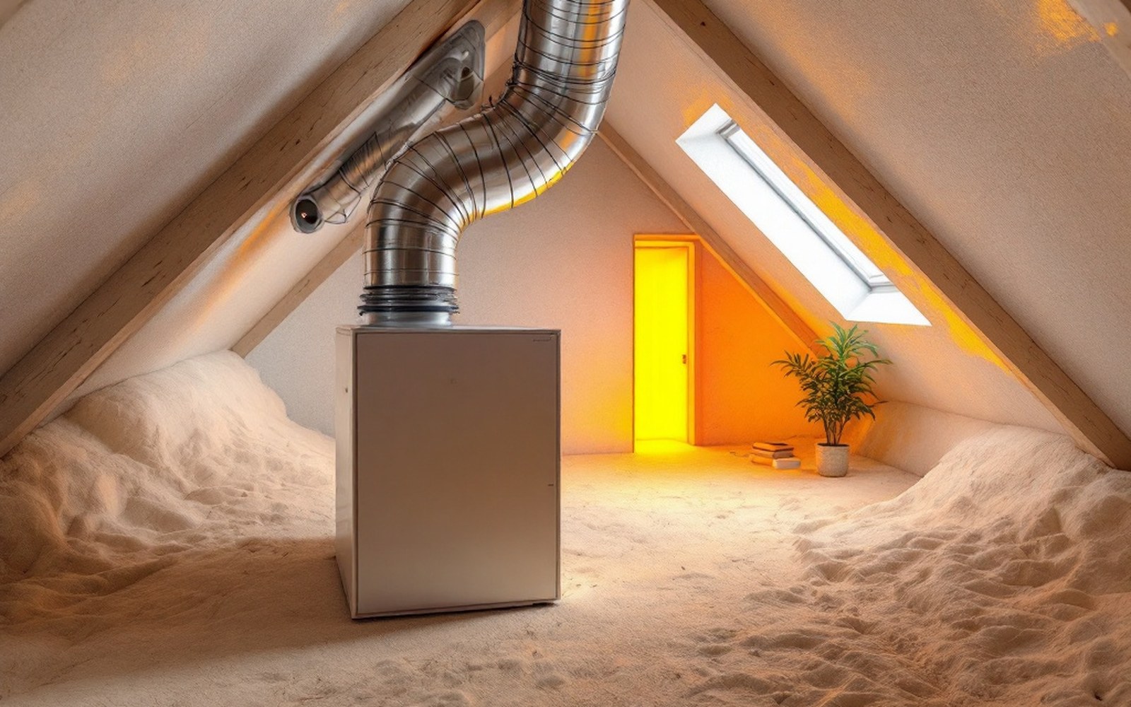 A mechanical ventilation unit in a loft with ducting